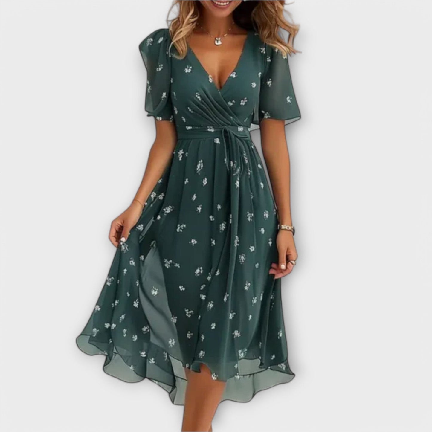 Isolde | Floral V-Neck Wrap Midi Dress